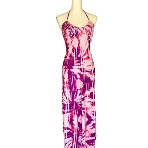 L8teR Vintage Purple and Pink Tie Dye Y2K Halter Maxi Dress Women's size Small